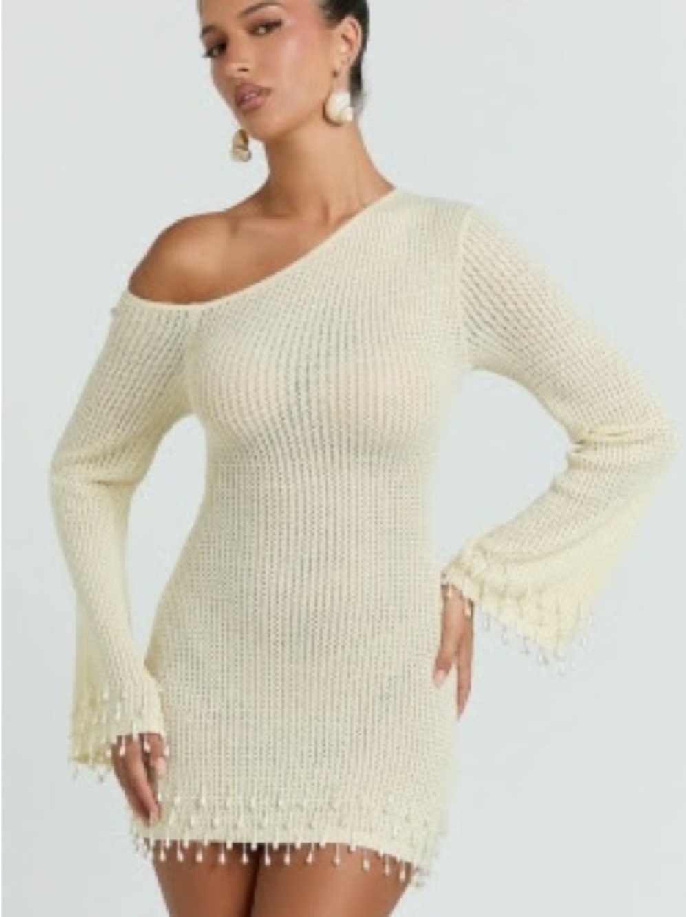 Showpo ivory One-Shoulder Crochet Cover-Up Dress beaded